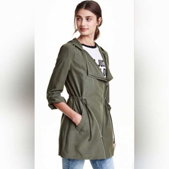 Divided | Dark Kaki Jacket with Rolled Sleeves and Drawstring Waist, Size 8 - Picture 1 of 9